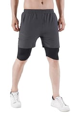 NAVYFIT Men's Running Active Wear Double Layer Shorts (MRS06) - (Medium, Dark Grey)