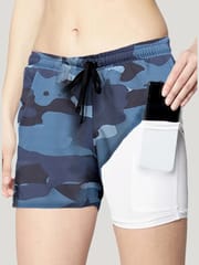 TRUEREVO 2-in-1 Sports Shorts with Phone Pocket 5" for Women - Camo Blue