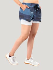 TRUEREVO 2-in-1 Sports Shorts with Phone Pocket 5" for Women - Camo Blue