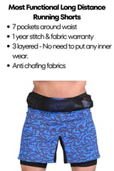 Endurace Long Distance Running Shorts - 7 Pockets, 3 Layered - Blue